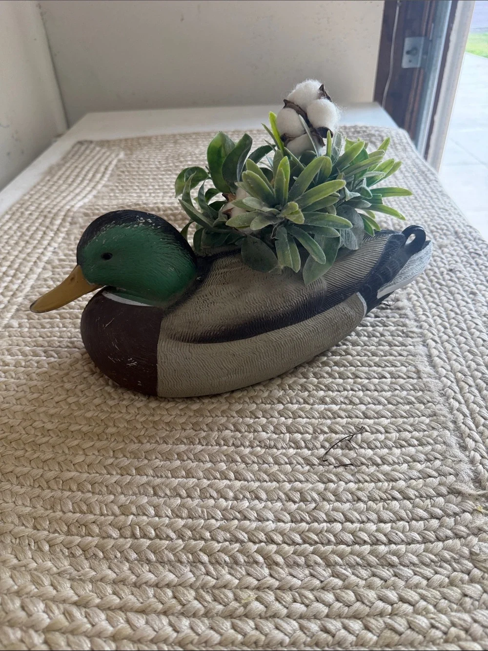 Green Mallard Duck Planter with Faux Greenery